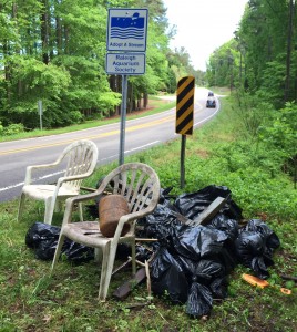 NCSU VMC 991 sec 255 – Introduction to Conservation Health (Spring 2015). Recovered trash from the stream cleanup service project.